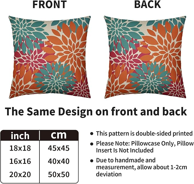 Blue Orange Burgundy Red Pillow Covers 16X16 Inch Set of 2, Spring Modern Geometry Dahlia Floral Decorative Throw Pillow Covers Outdoor Farmhouse Cushion Case for Couch Sofa Bed Decor
