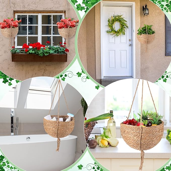 4 Pieces Hanging Planter Basket Set Jute Rope Plant Hangers Hand Woven Storage Flower Pot with Waterproof Plastic Liner Indoor Boho Hanging Plant for Home Office Yard Decor, 12.2 (D) 7.9 (H) Inch