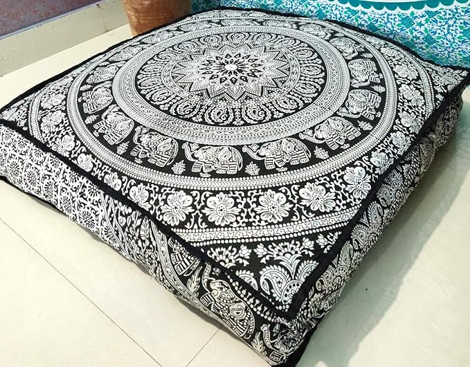 Black White Elephant Flower Mandala Mandala Barmeri Large Floor Pillow Cover Cushion Meditation Seating Ottoman Throw Cover Hippie Decorative Zipped Bohemian Pouf Ottoman Cases 24 " square