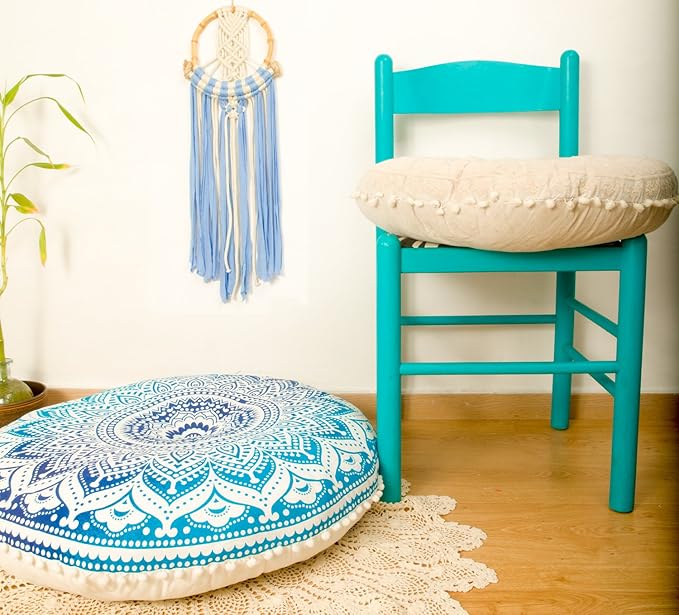 Mandala Life ART Yoga Decor Floor Cushion Cover - Round Meditation Pillow Case - Hand Printed Organic Cotton Pouf