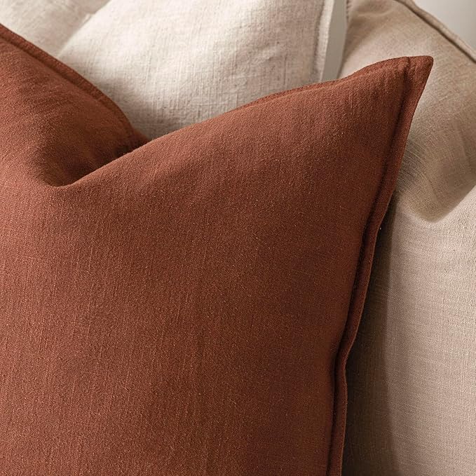 Foindtower Pack of 2, Decorative Linen Soild Throw Pillow Covers Soft Accent Cushion Case Farmhouse Neutral Pillowcase for Chair Couch Sofa Bedroom Living Room Home Decor 22 x 22 Inch Fall Rust Orange