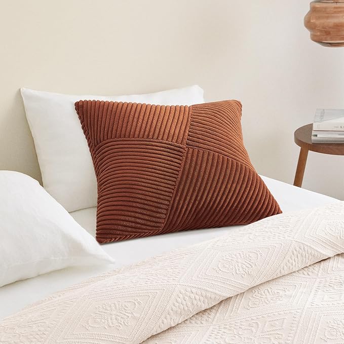 Topfinel Set of 2 Decorative Terracotta Throw Pillow Covers 12x12 Inch, Soft Corduroy Pillow Covers Windmill Textured Striped Patchwork Cushion Cases for Couch Sofa Bed Cute Aesthetic Home Decor