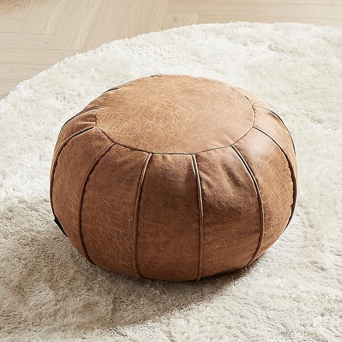 Louis Donné Unstuffed Moroccan Ottoman Pouf Cover, Waterproof Handmade Faux Decor Storage Solution, Footstool Pouffe Cover Replacement Balcony Indoor 21dia Chestnut Brown, ONLY Cover