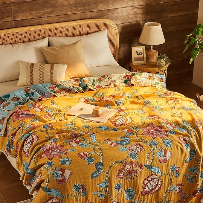 Boho Blanket Soft Muslin Boho Throw Blanket 100% Cotton Blanket All Seasons Reversible Rustic Floral Printed Vintage Rustic Farmhouse Decor Throw for Sofa Couch Chair (Yellow, 90"x98")