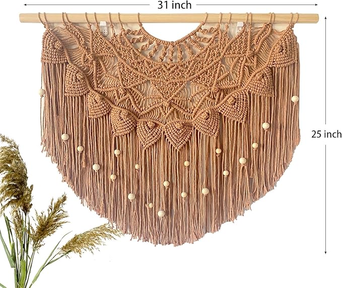 Youngeast Large Macrame Wall Hanging Boho Beaded Curtain for Window Macrame Bedroom Headboard Living Room Wall Art Tassel Tapestry Bohemian Woven Wall Decor 31" W X 25" H (Khaki)