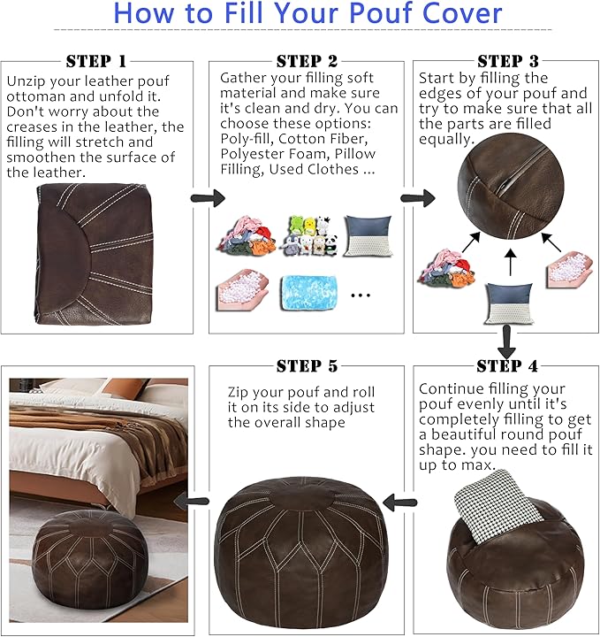 Thgonwid Unstuffed Moroccan Faux Leather Pouf Ottoman with Storage - Handmade Boho Chic Multi-Use Footrest for Living Room, Bedroom, Patio - Round Ethnic Floor Cushion & Decorative Accent, Deep Coffee