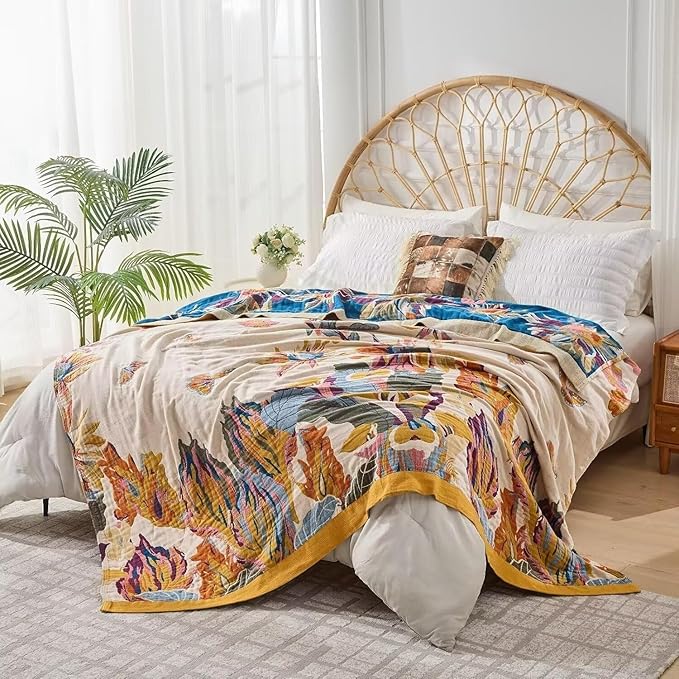 Boho Throw Blanket Farmhouse Decor Throw Blanket Bohemian Blanket for Bed 100% Cotton Muslin Woven Couch Blanket All Seasons Quilt Bedroom (Yellow, 50"x60")