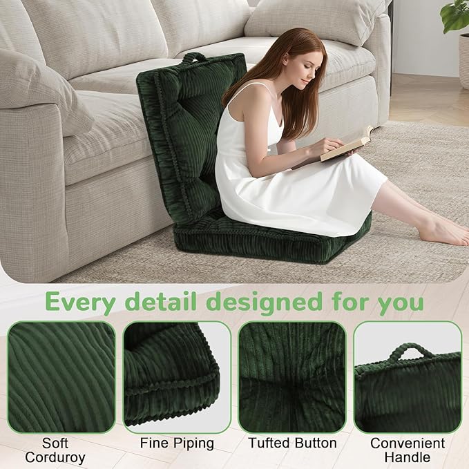 Floor Pillow Set of 2, 24x24 Tufted Floor Cushion for Adults, Square Large Meditation Cushion Pillow, Green Corduroy Sitting Pillow with Handle, Yoga Seating for Tatami