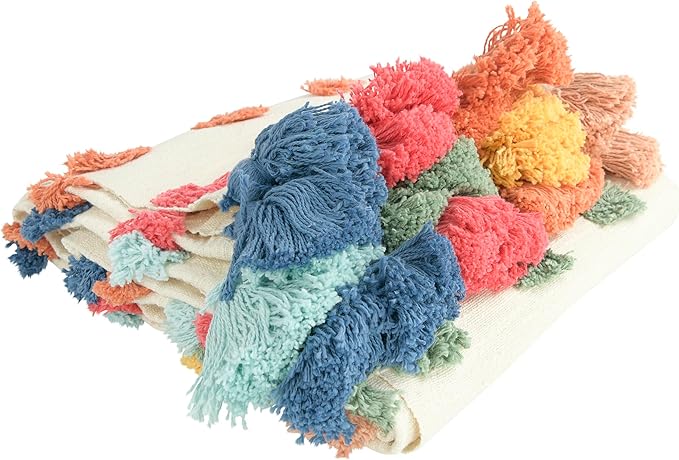 Creative Co-Op Soft Woven Cotton Throw with Tufted Dots and Tassels, Multicolor