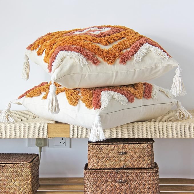 JOJUSIS Boho Throw Pillow Covers with Handmade Tassels Decorative Woven Tufted Orange Pillowcase for Couch Bedroom 20 x 20 Inch