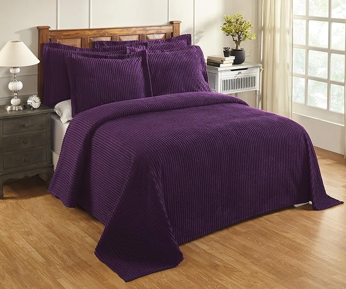 Better Trends Chenille Bedspreads King Size, Plum 100% Cotton Chenille Stripe Design Tufted Bedding Coverlet Soft Lightweight, 120"x110" with 2 King Sham 3 Pieces Set Jullian Collection