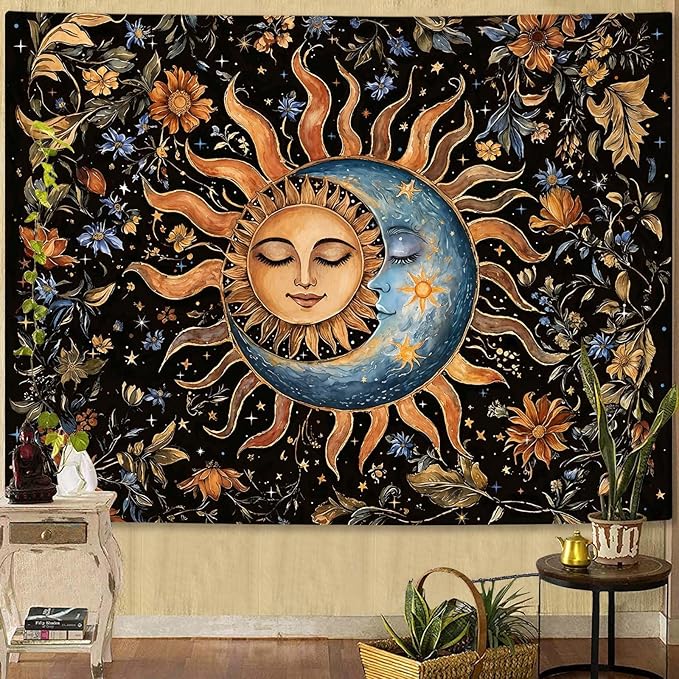 Aipon Sun and Moon Tapestry for Bedroom Boho Vintage Floral Hippie Wall Tapestry Aesthetic Retro Flower Plant Large Tapestries Wall Hanging for Living Room Dorm Decor 90 x 68 Inch