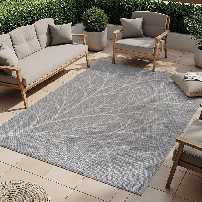 Washable Indoor Outdoor Rug 10x14 Modern Area Rugs Branch Pattern Non Shedding Waterproof Easy Clean Patio Deck Porch Living Room Bedroom Garden RV (10 X 14 Gray)