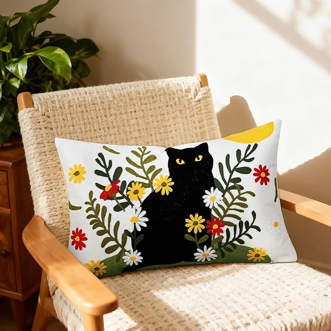 Embroidered Pillow Covers 12x20 Inch Set of 1, Black Cat and Floral Patterned Decorative Throw Pillow Covers Lumbar Farmhouse Canvas Cushion Cases for Couch Sofa Bed Living Room Home Decor