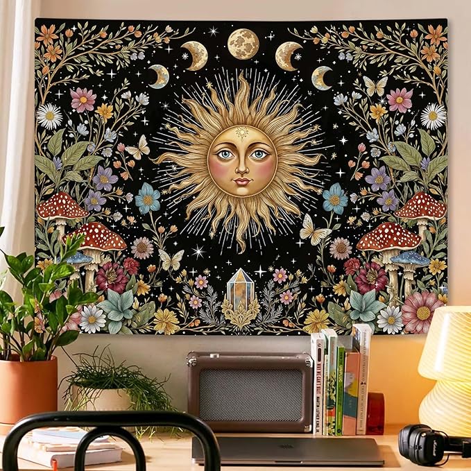 Aipon Boho Sun and Moon Tapestry Hippie Mushroom Floral Wall Tapestry for Bedroom Aesthetic Moon Phase Vintage Plant Celestial Small Tapestries Wall Hanging for Living Room Dorm 60 x 44 Inch