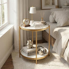 TeoKJ 2 Tier Gold Side Table, Folding Round Metal End Table Small Nightstand with Two Removable Tray for Bedroom Living Room Bedside Small Spaces Gold + White