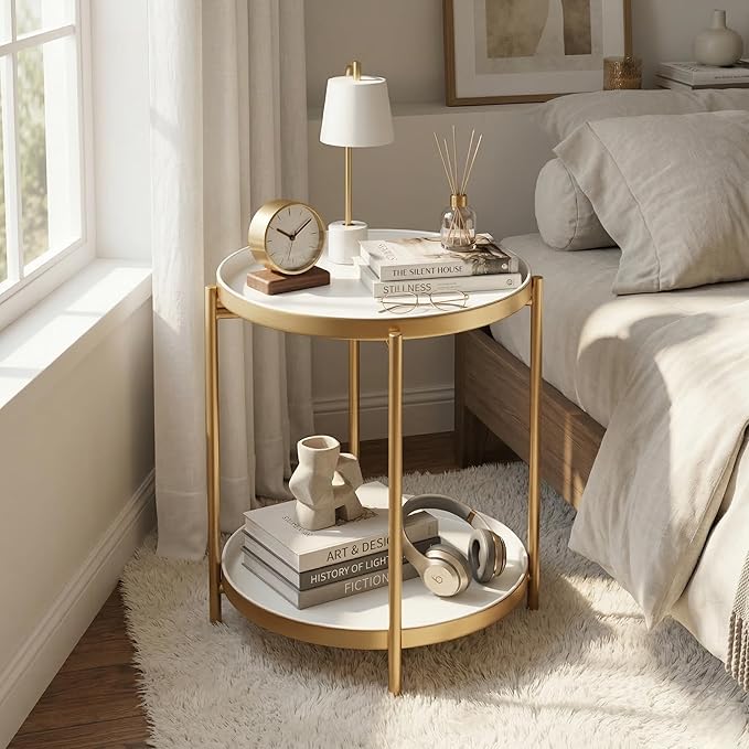 TeoKJ 2 Tier Gold Side Table, Folding Round Metal End Table Small Nightstand with Two Removable Tray for Bedroom Living Room Bedside Small Spaces Gold + White
