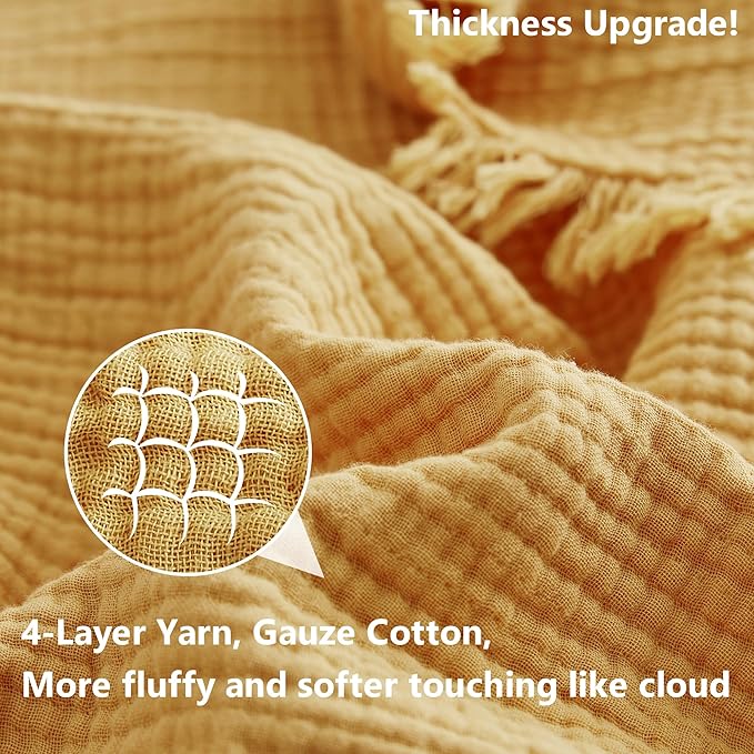 Simple&Opulence Cotton Muslin Throw Blanket 4 Layers for Bed, Couch, Woven Gauze Blanket with Tassels, Soft Lightweight Cozy Pre-Washed Breathable Farmhouse Decoration for All-Season(Yellow)