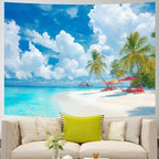 AOHMPT Ocean Sunset Tapestry, Beach Evening Sunset Tapestry, Natural Beach Palm Tree Landscape Poster, Seaside Landscape Wall Hanging for Bedroom, Dorm Room and Living Room Wall Decor 79" L x 59" W