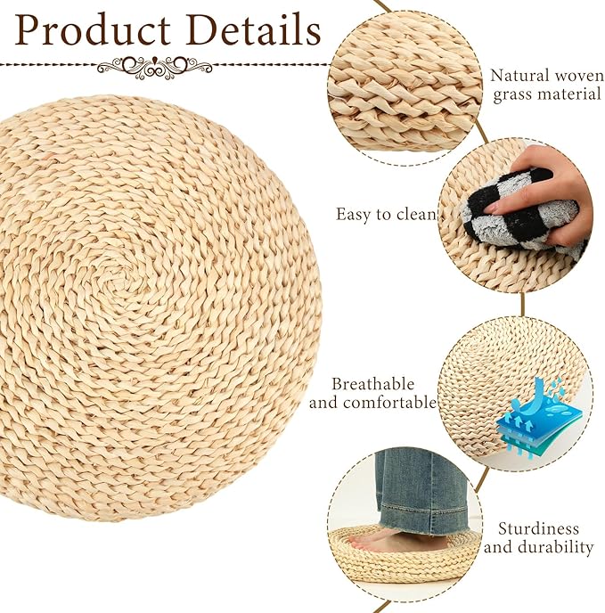 Barydat 8 Pcs Floor Cushions Round Large Pillow Seating Meditation Floor Pillow Boho Natural Woven Seat Cushion Japanese Tatami Cushion for Yoga Room Balcony Chair Pad, 15.75 Inch