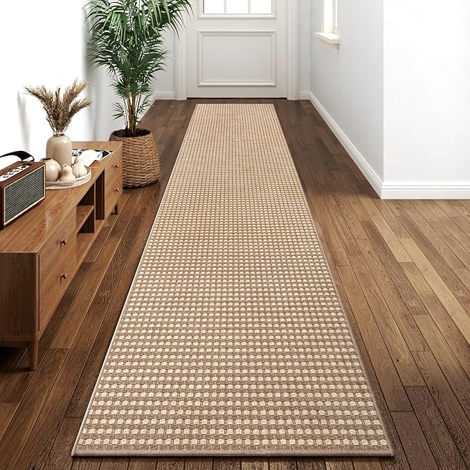 2x10 ft Hallway Runner Rug Extra Long Boho Woven Kitchen Runner Rugs Mat Non Slip Washable, Soft Hall Floor Mat Runner Carpet for Indoor Backdoor Bedroom Entryway Laundry Living Room, Brown