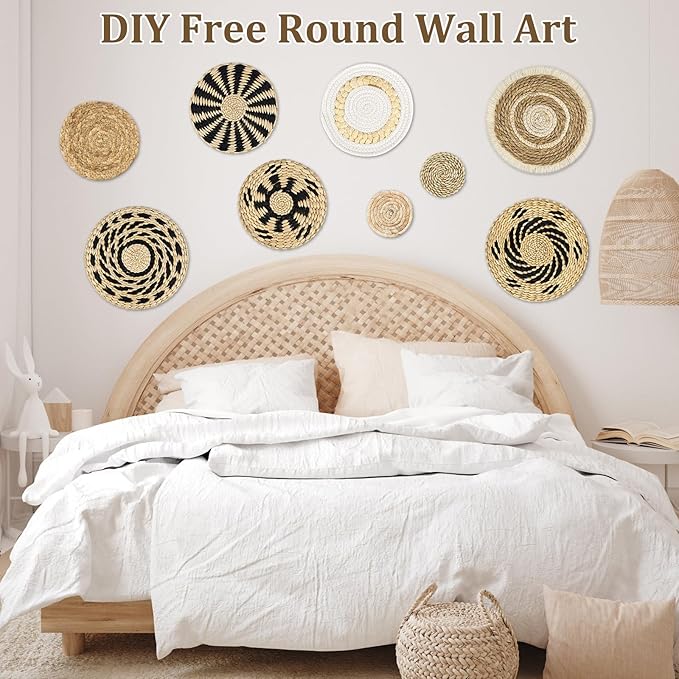 MJOGGOTT 9 Pcs Boho Wall Basket Decor Hanging Woven Wall Basket Art Decor Rattan Wicker Seagrass Home Round Tassels White Macrame Tapestry Baskets Decoration for Kitchen Home Farmhouse Decoration
