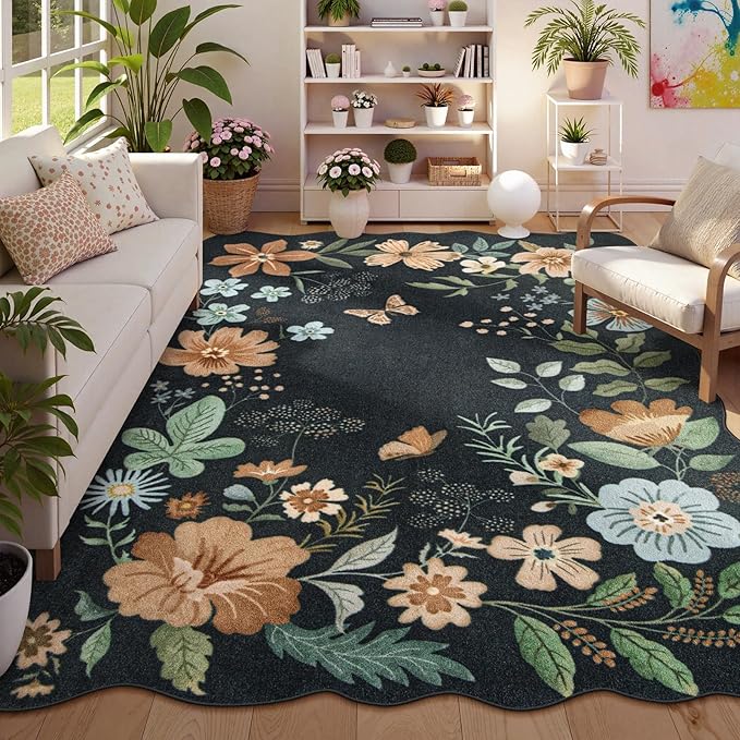 Lahome Floral Washable Rugs 8x10, Soft Ultra-Thin 8x10 Rugs for Living Room Bedroom, Easy Clean Boho Non-Slip Accent Carpet for Dining Room Office Flore (8x10ft,Black/Grey)