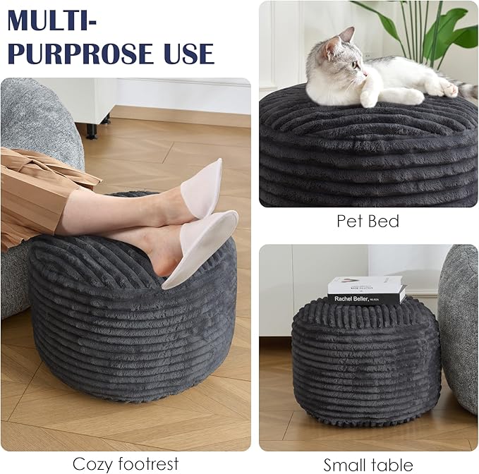 SHOUREN Stuffed Round Pouf Ottoman,Corduroy Foot Rest with Shredded Foam Filling, Lightweight and Fluffy Pouf Storage Ottoman for Living Room,Floor Poufs for Couch,18"x 14", Dark Grey
