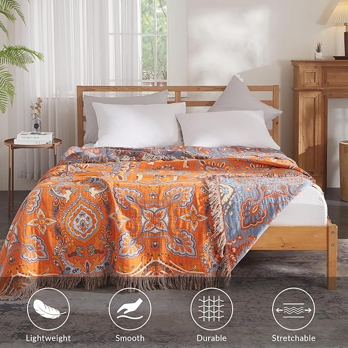Boho Throw Blanket for Couch Sofa Bed, 100% Cotton Woven Quilt with Tassel 80”x90”, Super Soft Muslin Blanket with Floral Printed, Decorative Reversible Bed Blanket/Cover for All Seasons