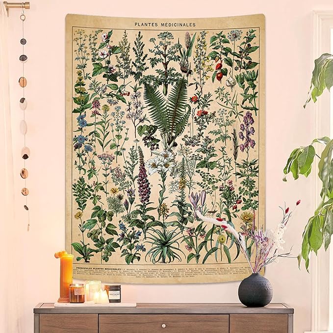 Vintage Flowers Tapestry 48”x36”, Long Vertical Wall Hanging Reference Illustrative Botanical Tapestries for Bedroom Aesthetic Floral Tapistry Botanical Plants Tapestry Wall Hanging Cute Bedroom Decor