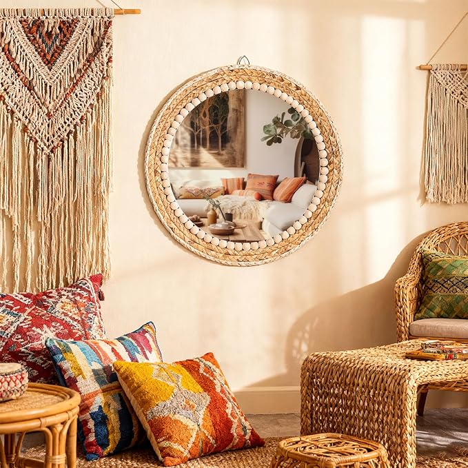 Boho Round Hanging Wall Mirror Decor 16 Inches Rattan Wicker Costal Loop Round Circle Mirrors for Coastal Farmhouse, Living Room, Bedroom, Entryway