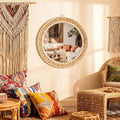 Boho Round Hanging Wall Mirror Decor 16 Inches Rattan Wicker Costal Loop Round Circle Mirrors for Coastal Farmhouse, Living Room, Bedroom, Entryway