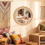 Boho Round Hanging Wall Mirror Decor 16 Inches Rattan Wicker Costal Loop Round Circle Mirrors for Coastal Farmhouse, Living Room, Bedroom, Entryway