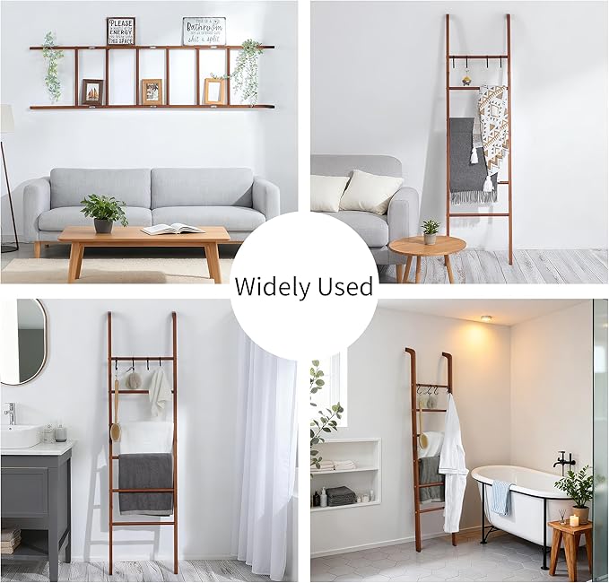 Taozun 6-Tier Wood Blanket Ladder for Living Room, Rustic Wooden Farmhouse Quilt Ladder with 4 S-hooks, 66-Inch Wall Leaning Throw Towel Rack, Space-Saving and Blanket Disply Rackfor Bedroom, Bathroom