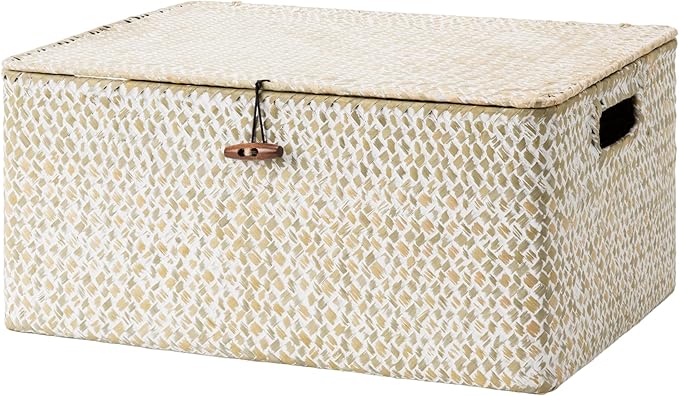 StorageWorks Wicker Baskets with Lid, Seagrass Storage Baskets for Shelves, Decorative Box with Built-in Handles,White