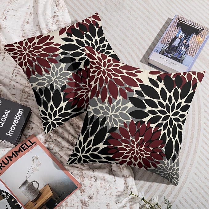 Black Burgundy Pillow Covers 18X18 Inch Set of 2, Spring Summer Floral Dahlia Flower Cream Decorative Throw Pillow Covers Outdoor Modern Farmhouse Cushion Case for Home Couch Sofa Bed Decor