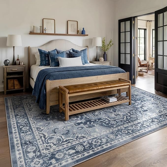 8x10 Blue Gray Rugs for Living Room, Transitional Medallion Washable Large Rug for Bedroom Under Bed, Modern Vintage Distressed Low Pile Thin Soft Carpet Rugs for Dining Room Office