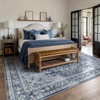 8x10 Blue Gray Rugs for Living Room, Transitional Medallion Washable Large Rug for Bedroom Under Bed, Modern Vintage Distressed Low Pile Thin Soft Carpet Rugs for Dining Room Office