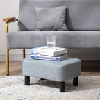 IBUYKE 16.54" Small Footstool Linen Fabric Pouf Ottoman Footrest Modern Home Bedroom Rectangular Stool, with Padded Seat Pine Wood Legs, Gray Blue RF-BD214-D