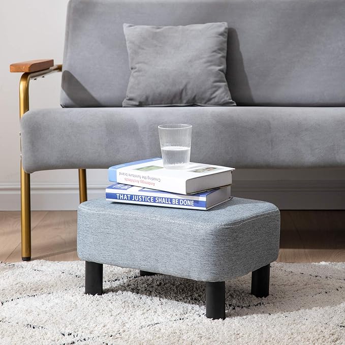 IBUYKE 16.54" Small Footstool Linen Fabric Pouf Ottoman Footrest Modern Home Bedroom Rectangular Stool, with Padded Seat Pine Wood Legs, Gray Blue RF-BD214-D