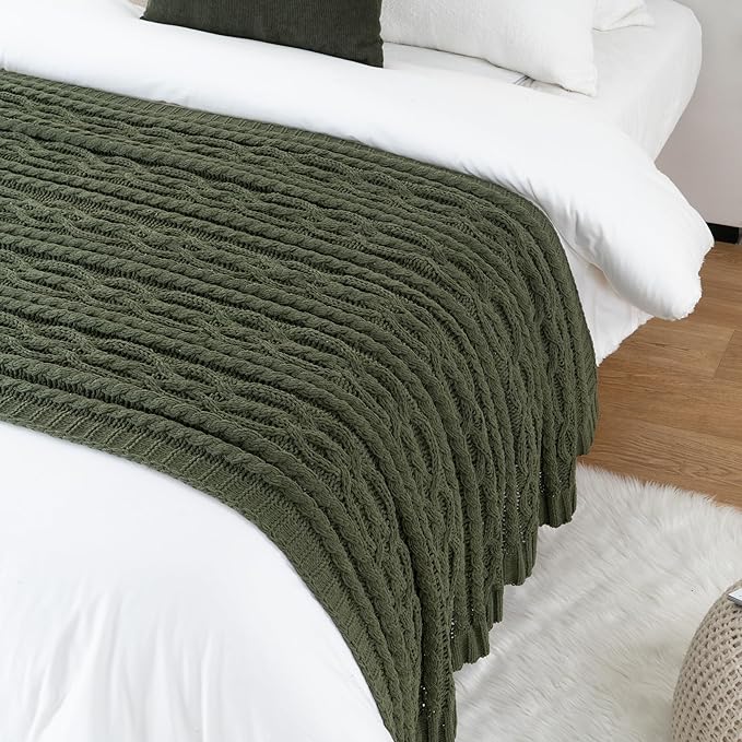 Battilo Olive Green Throw Blanket for Couch, Chunky Cable Knit Blanket, Woven Soft Cozy Chenille Throw Blanket for Bed, Sofa, Chair, Living Room, 51"x67"