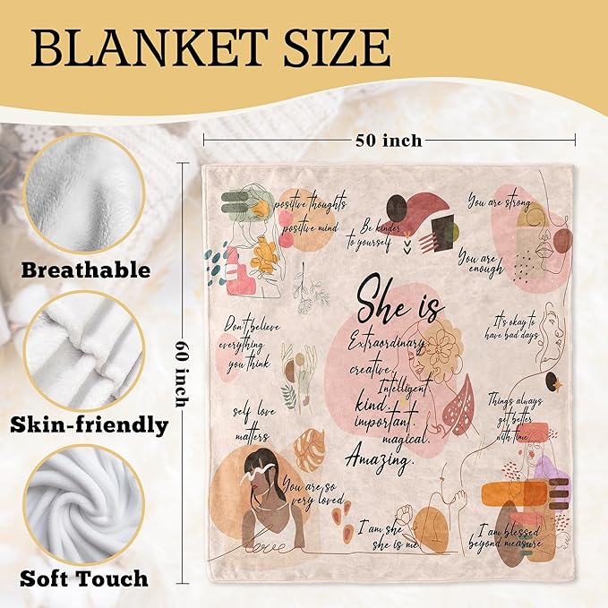 Boho Inspirational Blanket, Inspirational Gifts for Women, Birthday Gifts for Women Sister Grandma, She is Motivational Positive Throw Blankets for Girly Room Bedroom Home Decor, 50x60 in