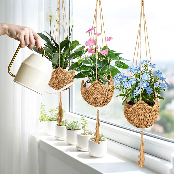 6 Pack Hand-Woven Macrame Plant Hanger - Hanging Plant Holder with 12 Hooks for Indoor Green Plant Hanging and Bohemian Style Home Decor (Brown)