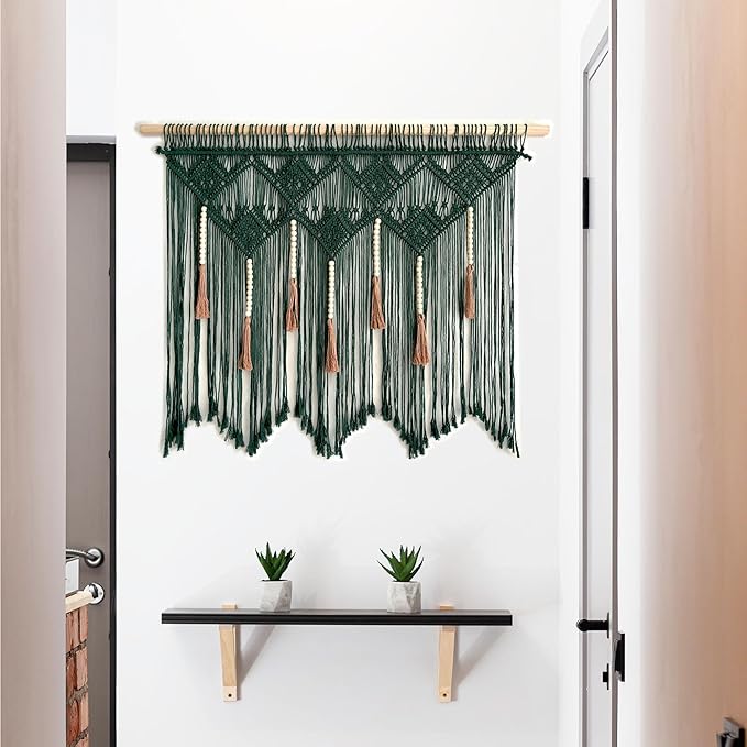 Youngeast Large Macrame Wall Hanging Boho Woven Tapestry Bohemian Macrame Wall Decor Handmade Tassel Tapestry Home Decoration for Bedroom Living Room 39"X31" (Wood Dowels Not Included) (Dark Green)