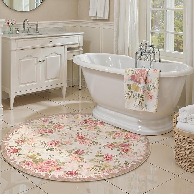 Lahome Floral Round Entryway Rug 4ft,Small Washable Circle Rug for Girls Bedroom Bathroom,Vintage Carpet for Kids Room, Office, College Dorm Nina