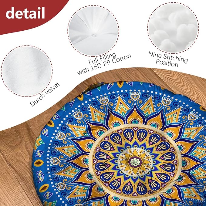 Mandala Meditation Cushion, Boho Meditation Mat, Meditation Pillows for Sitting on Floor, Cushions for Sitting in Home and Outdoor, Round Floor Pillows Cushion Seating for Yoga Accessories 22'' X 22''