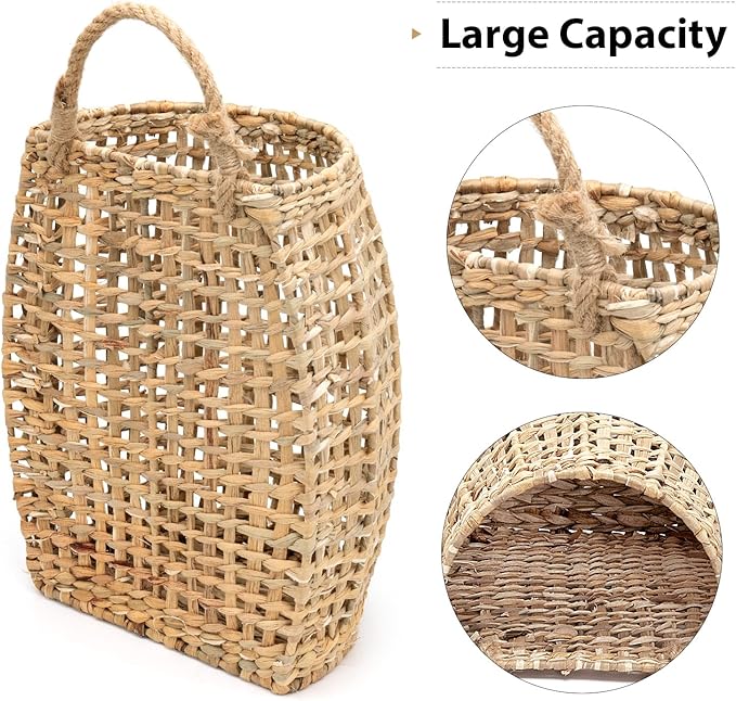 AceList Set of 2 Water Hyacinth Wall Hanging Baskets, Wall Basket Storage for Flowers & Plant, Decorative Boho Coastal for Front Door, Closet, Living Room or Entrance (Original)