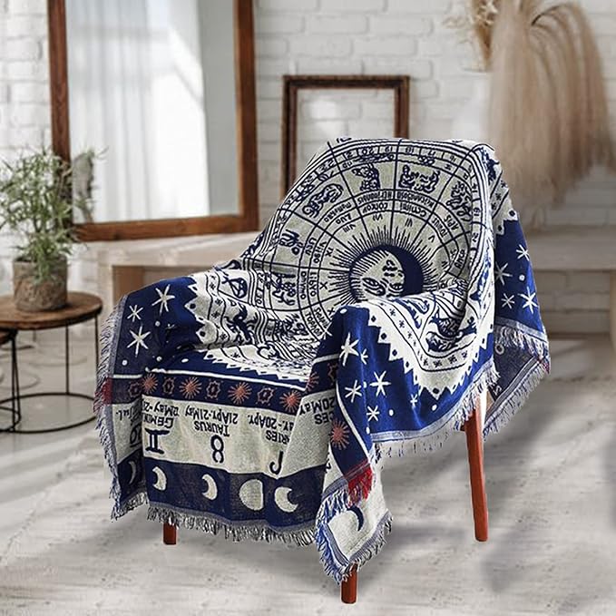 Boho Throw Blankets Woven Reversible Cotton Bohemian Tapestry Hippie Room Decor Witchy Astrology Zodiac Celestial Constellation Carpet Bed Recliner Chair Couch Sofa Cover Double Sided 50"x70"