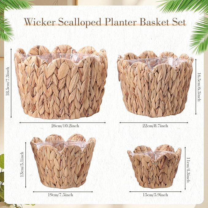 4 Pack Scalloped Wicker Plant Basket Water Hyacinth Plant Baskets Hand Woven Flower Pots Storage Containers with Plastic Liners for Indoor Outdoor Decoration, 10.2, 8.7, 7.5, 6 Inch(Untrim)