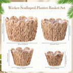 4 Pack Scalloped Wicker Plant Basket Water Hyacinth Plant Baskets Hand Woven Flower Pots Storage Containers with Plastic Liners for Indoor Outdoor Decoration, 10.2, 8.7, 7.5, 6 Inch(Untrim)
